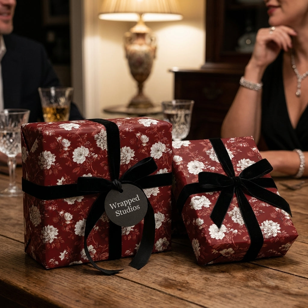 Luxury burgundy floral wrapping paper with black velvet ribbons on dinner party gifts by Wrapped Studios.