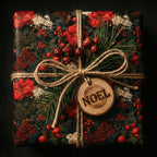 Luxury floral Christmas wrapping paper with poinsettias and a rustic Noel tag by Wrapped Studios.