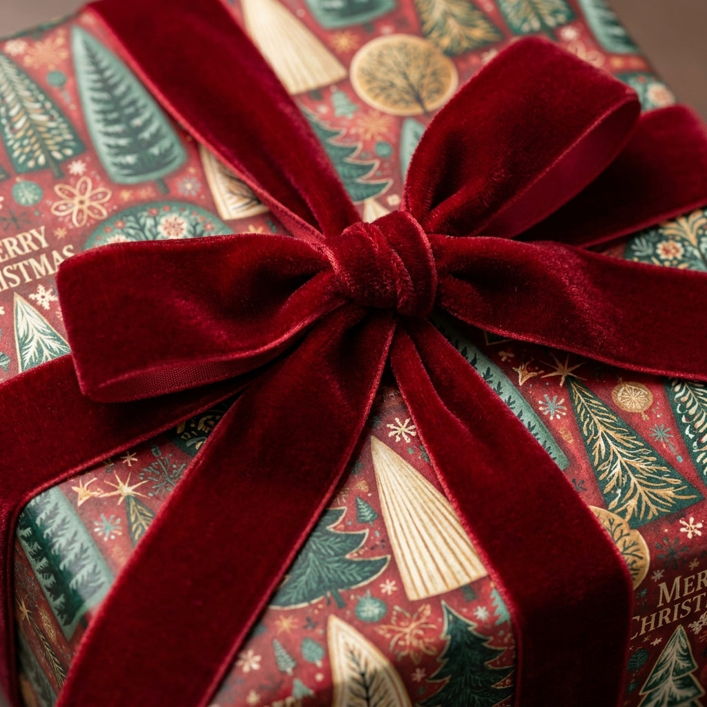 Luxury Christmas gift wrap with vintage green trees and a red velvet bow by Wrapped Studios.