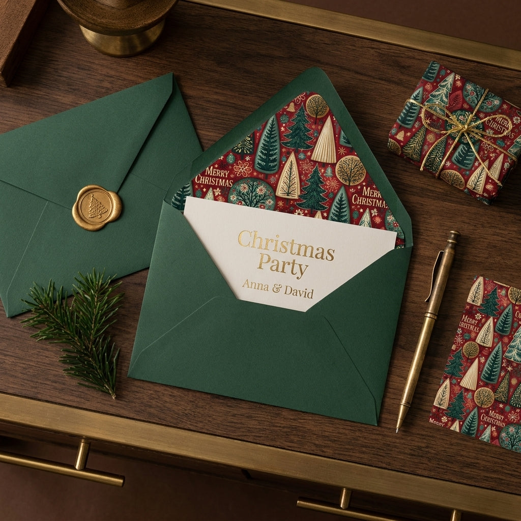 Red Christmas wrapping paper with tree pattern and green envelopes by Wrapped Studios.