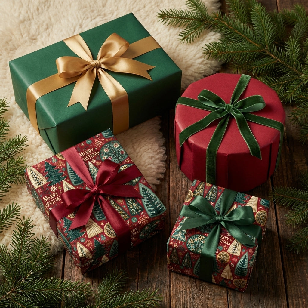 Elegant Christmas gift wrap in festive red and green with satin ribbons on a cozy wood table by Wrapped Studios.
