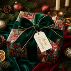 Luxury Christmas wrapping paper with a green velvet bow and holiday tag by Wrapped Studios.