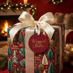 Red Christmas wrapping paper with evergreen trees and a cream satin bow by Wrapped Studios.