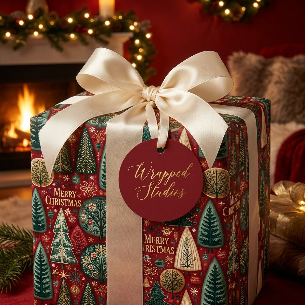 Red Christmas wrapping paper with evergreen trees and a cream satin bow by Wrapped Studios.