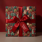 Red Christmas wrapping paper with a vintage tree pattern and luxury satin bow by Wrapped Studios.