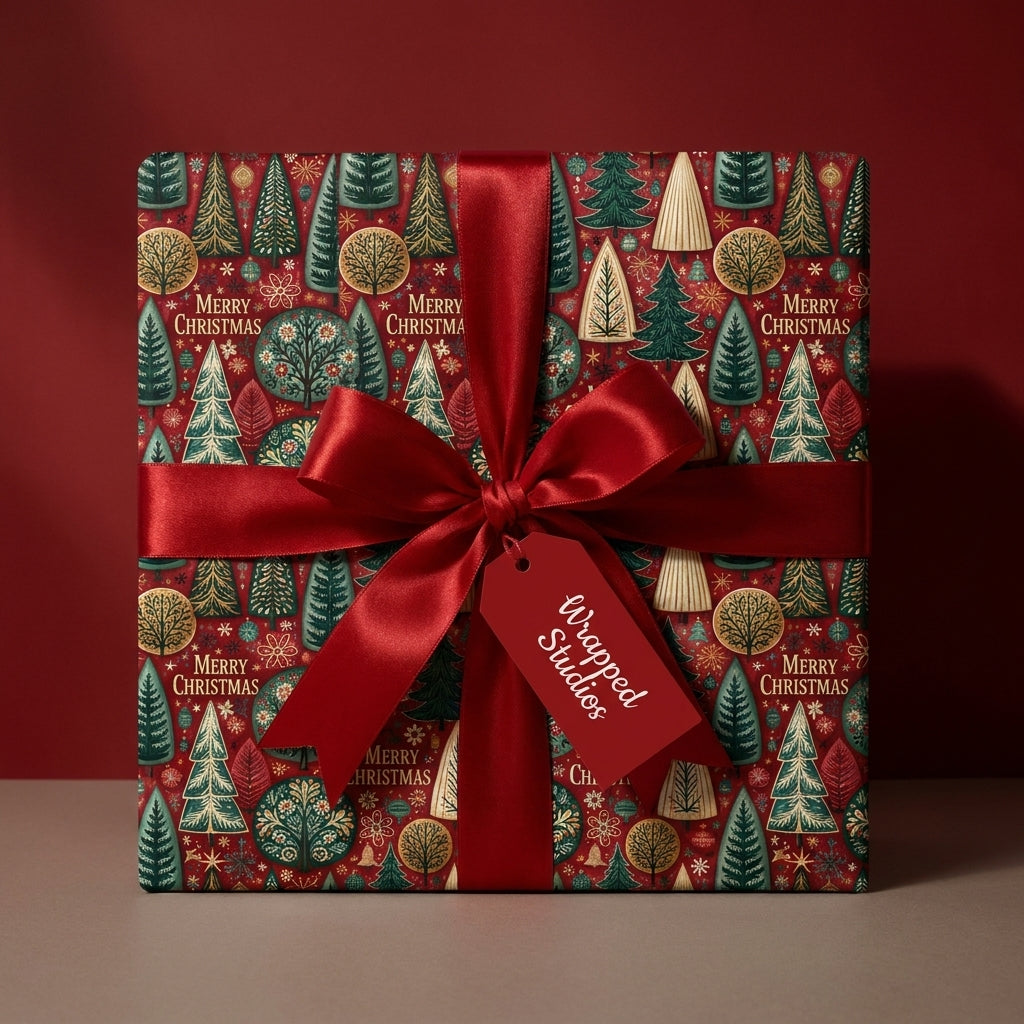 Red Christmas wrapping paper with a vintage tree pattern and luxury satin bow by Wrapped Studios.