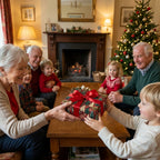 Grandmother giving child a gift in luxury Christmas wrapping paper by Wrapped Studios.