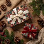 Luxury Christmas wrapping paper with festive tree patterns and elegant bows by Wrapped Studios.