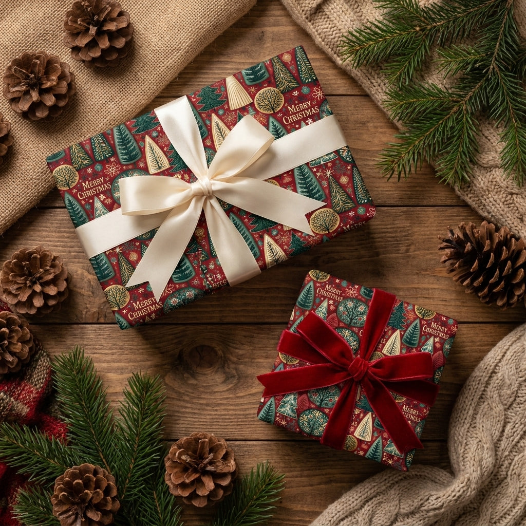 Luxury Christmas wrapping paper with festive tree patterns and elegant bows by Wrapped Studios.