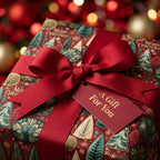 Luxury red Christmas wrapping paper with a vintage tree pattern, tied with a red ribbon by Wrapped Studios.