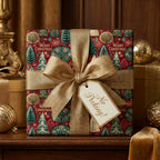 Luxury red Christmas wrapping paper with a tree pattern and gold bow by Wrapped Studios.