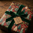 Luxury vintage Christmas wrapping paper with dark green velvet bow and gift tag by Wrapped Studios.