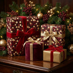 Luxury burgundy and gold berry Christmas wrapping paper with red velvet bows by Wrapped Studios.