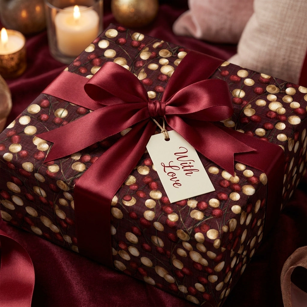 Luxury Christmas gift wrap with gold and red berries, burgundy satin bow, and gift tag by Wrapped Studios.