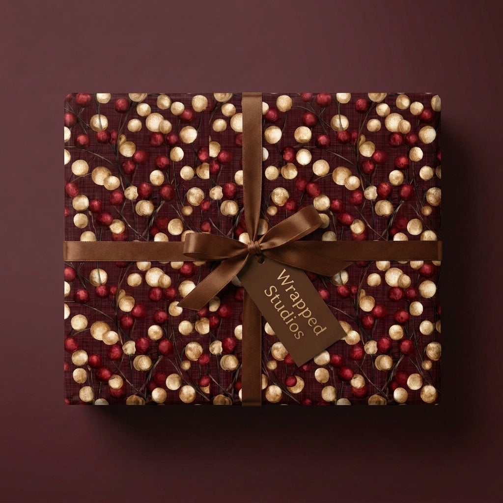 Luxury burgundy Christmas wrapping paper with gold berry pattern and brown ribbon by Wrapped Studios.