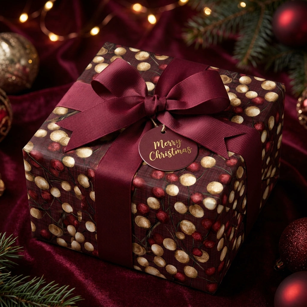 Luxury Christmas wrapping paper with burgundy berry pattern and matching ribbon bow, by Wrapped Studios.