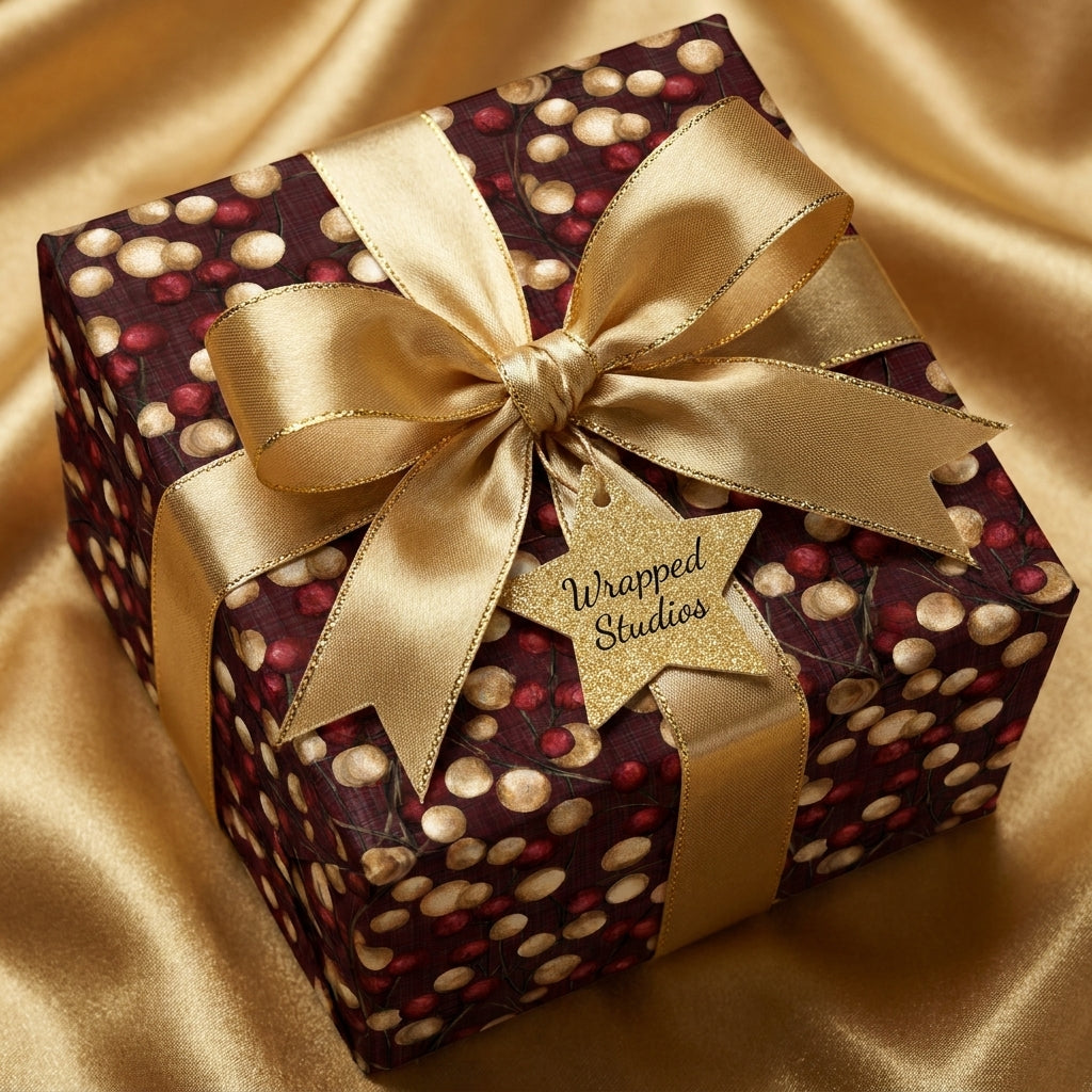 Luxury Christmas wrapping paper in burgundy and gold berry print with a gold bow from Wrapped Studios.