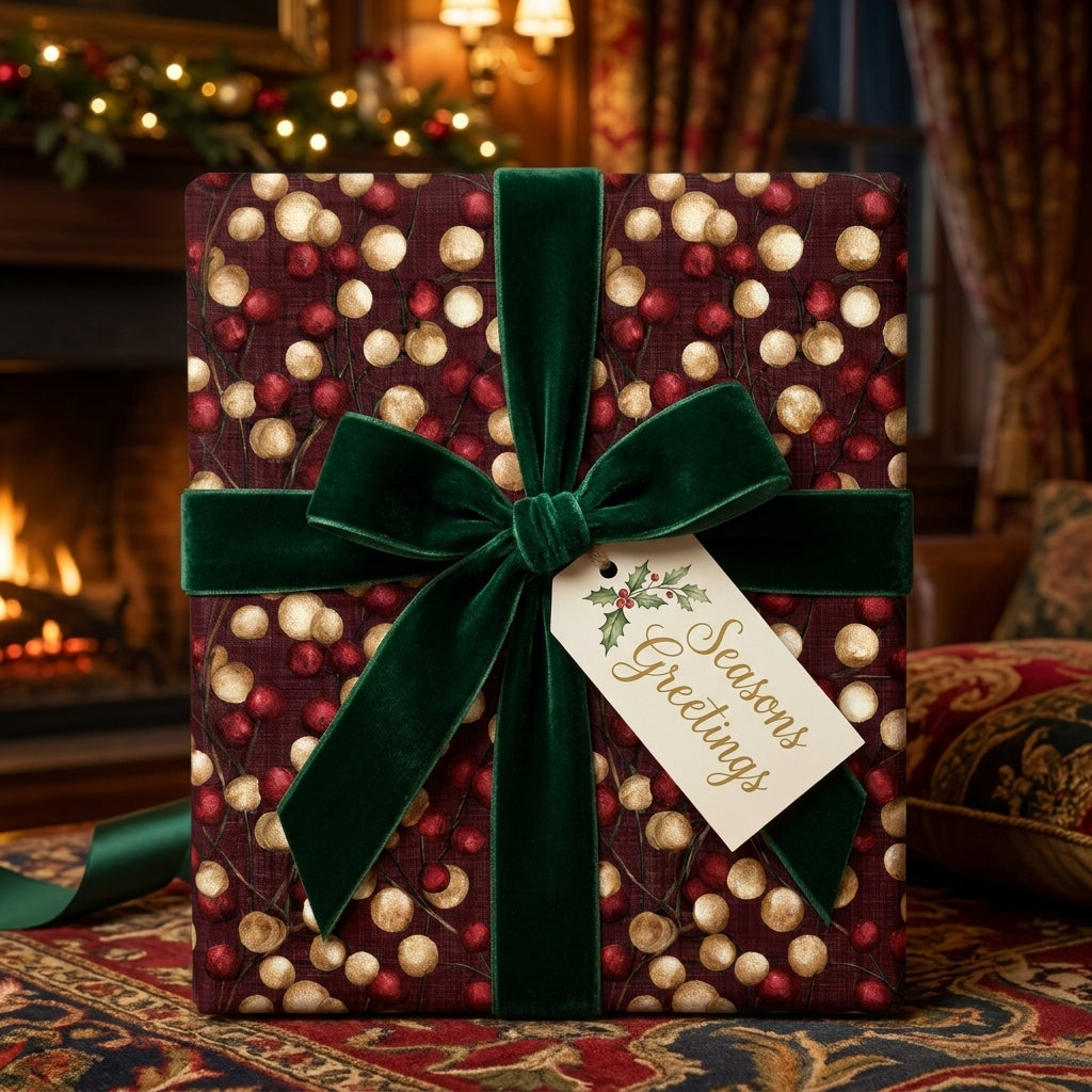 Luxury Christmas gift wrap with burgundy berry pattern and green velvet ribbon, by Wrapped Studios.