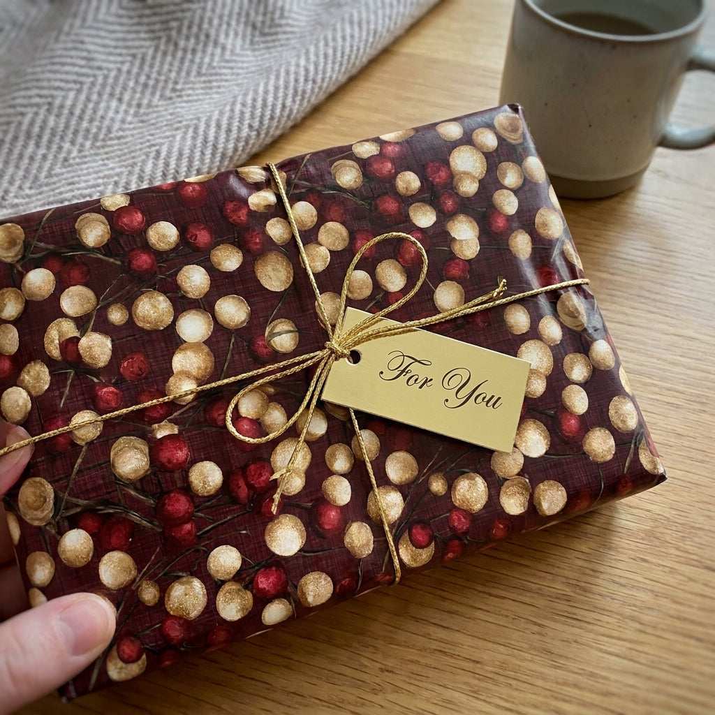 Elegant burgundy and gold Christmas wrapping paper with a gold bow and gift tag, by Wrapped Studios.