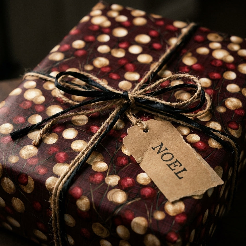 Luxury Christmas wrapping paper with gold berry pattern and Noel tag by Wrapped Studios.