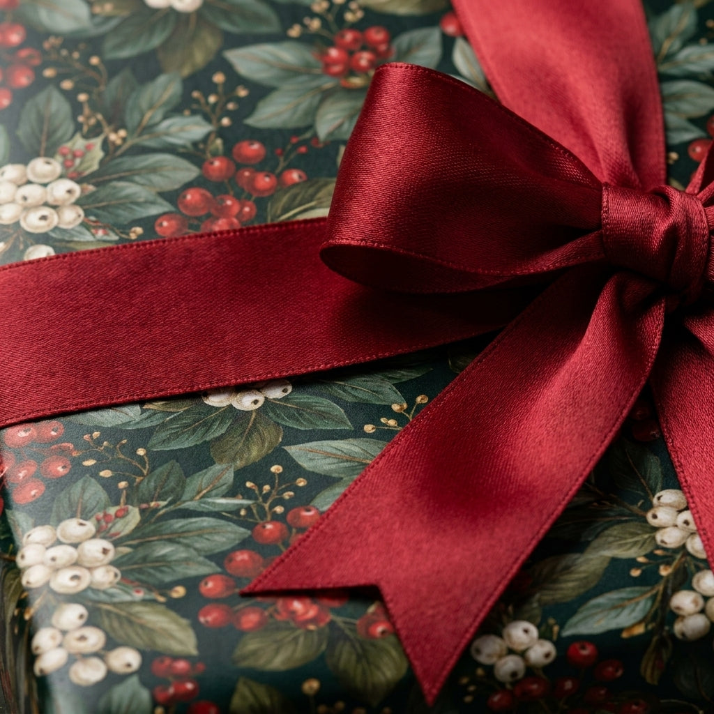 Luxury Christmas gift wrap with botanical green holly pattern and red satin ribbon by Wrapped Studios.