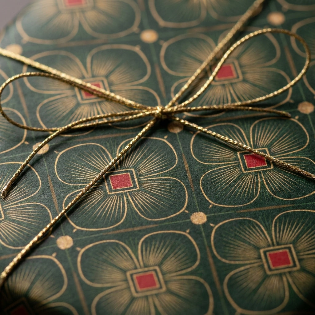 Elegant green and gold floral Christmas wrapping paper tied with a gold string bow, by Wrapped Studios.