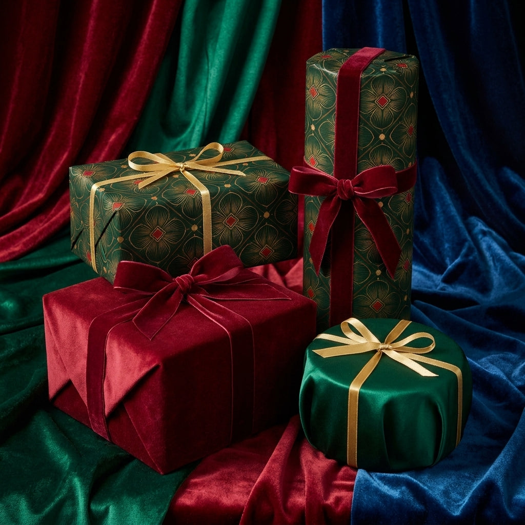 Elegant green and gold luxury gift wrap with velvet ribbons on Christmas presents by Wrapped Studios.