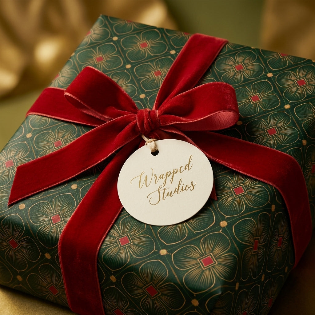 Luxury Christmas gift wrap with green and gold floral pattern and red velvet bow by Wrapped Studios.