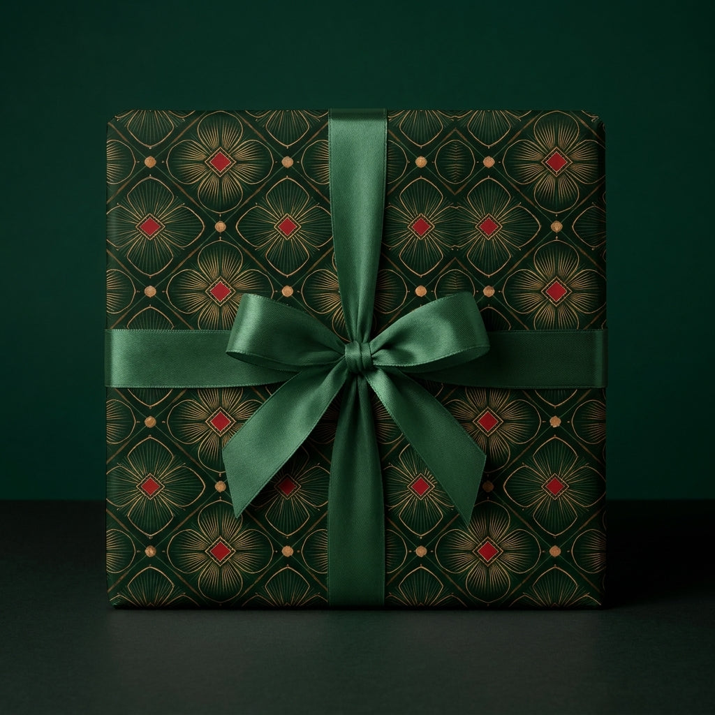 Luxury Christmas wrapping paper in green and gold art deco pattern with satin bow by Wrapped Studios.