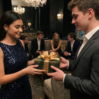 Green and gold Art Deco luxury gift wrap with a satin bow by Wrapped Studios, gifted at a holiday party.