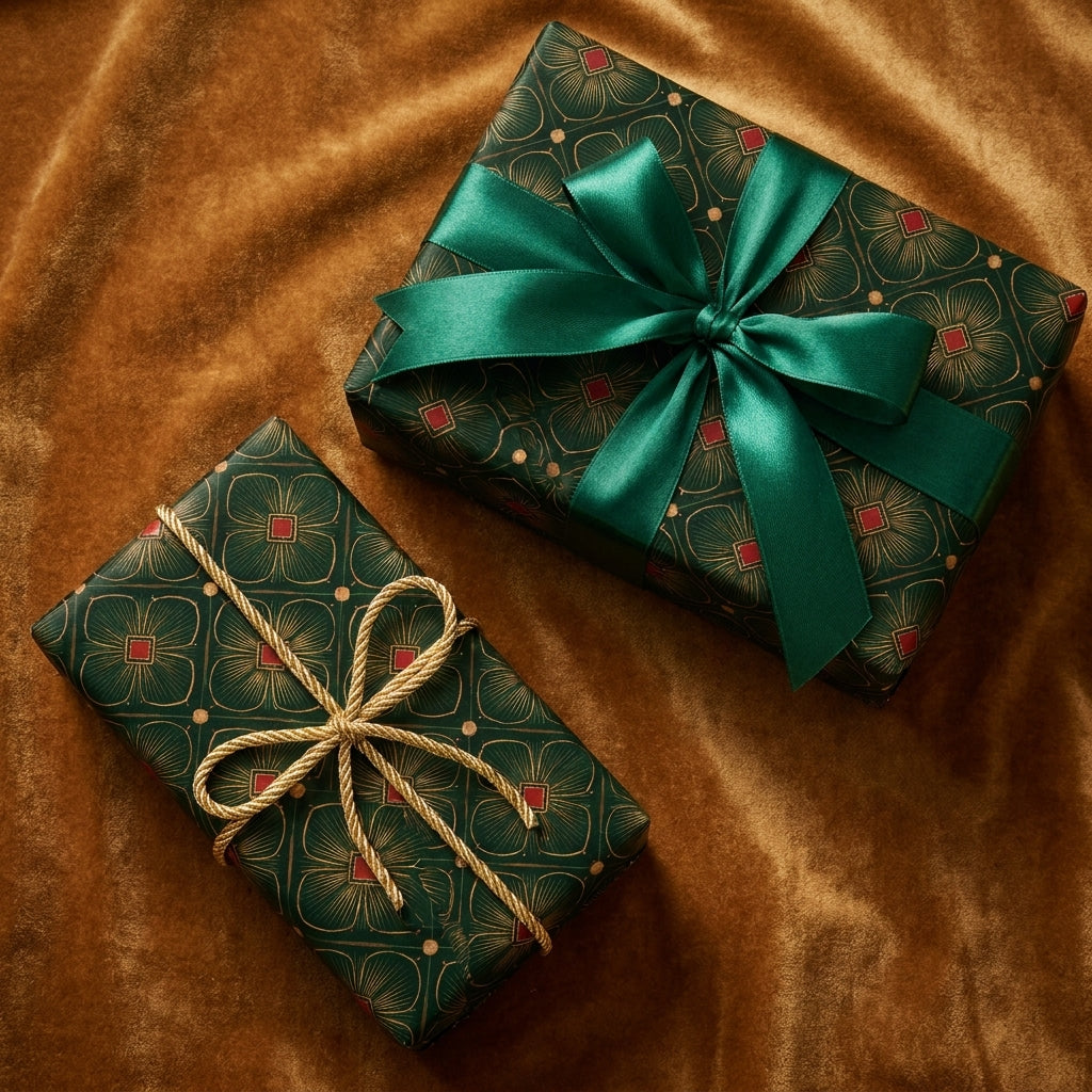Luxury green and gold floral wrapping paper by Wrapped Studios on elegant gifts with green satin ribbon.