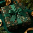 Luxury emerald green Christmas wrapping paper with a gold art deco pattern and green ribbon by Wrapped Studios.