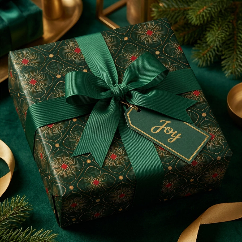 Luxury emerald green Christmas wrapping paper with a gold art deco pattern and green ribbon by Wrapped Studios.