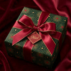 Luxury Christmas wrapping paper in green and gold with a red satin bow and Noel tag by Wrapped Studios.