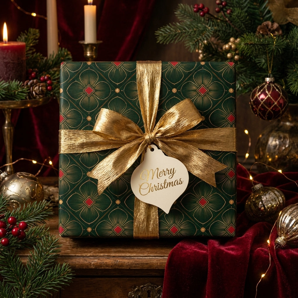 Luxury green and gold Christmas wrapping paper with a metallic gold ribbon by Wrapped Studios.