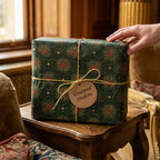 Luxury green and gold vintage wrapping paper by Wrapped Studios on a Christmas gift box.