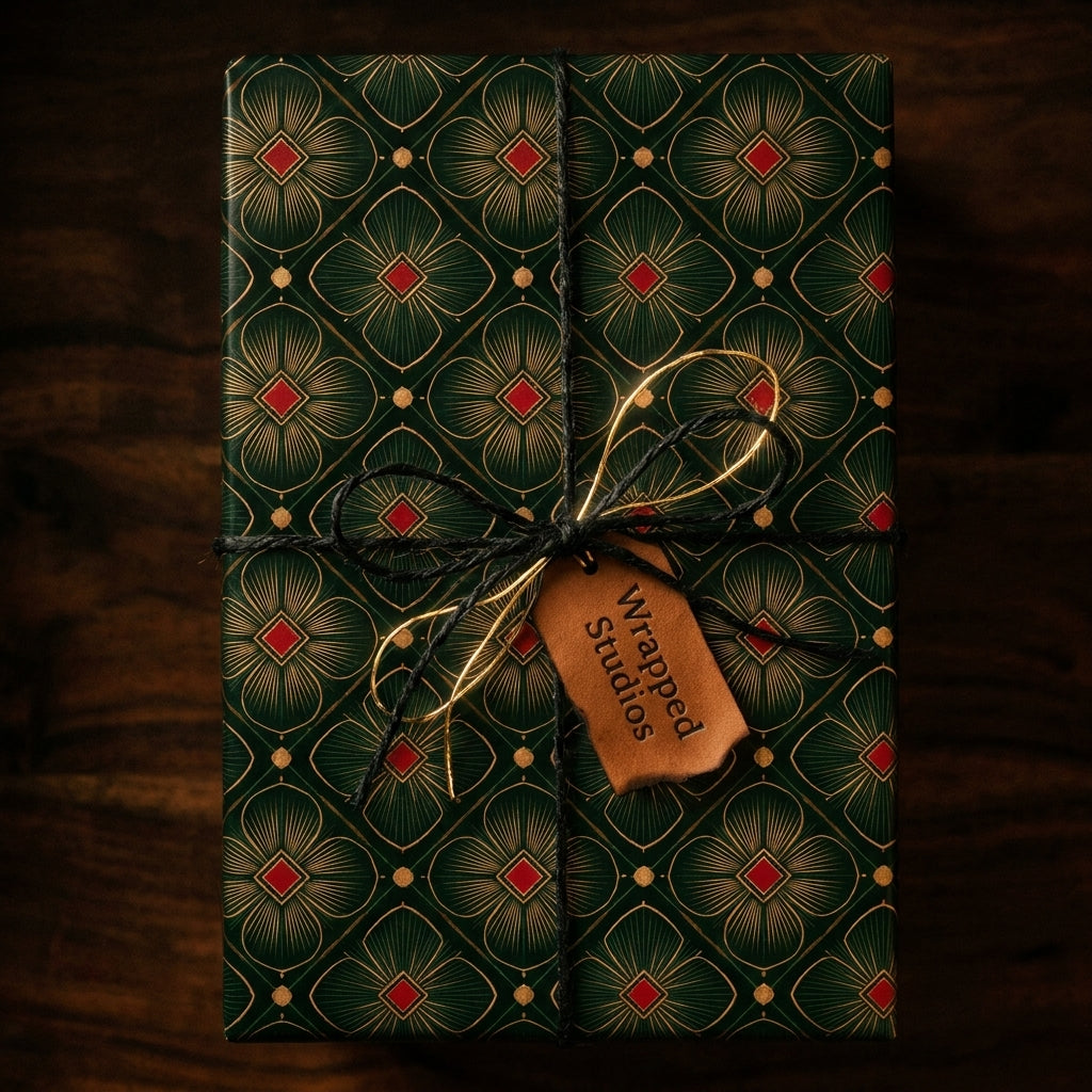 Luxury green and gold Christmas wrapping paper with Art Deco pattern by Wrapped Studios.