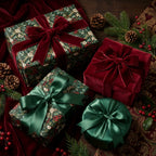 Luxury botanical Christmas wrapping paper with elegant velvet bows by Wrapped Studios.