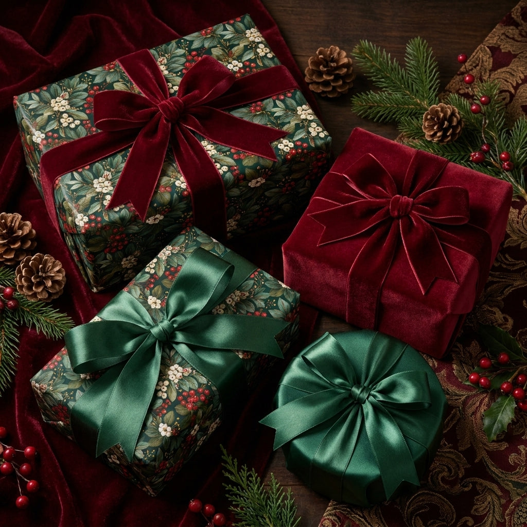 Luxury botanical Christmas wrapping paper with elegant velvet bows by Wrapped Studios.