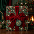Luxury Christmas wrapping paper with botanical holly print and red velvet bow by Wrapped Studios.