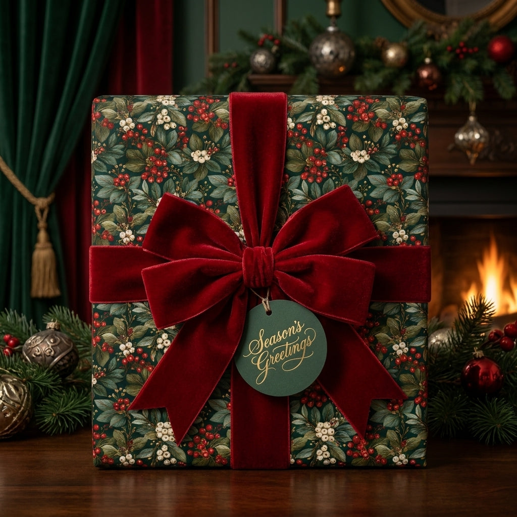 Luxury Christmas wrapping paper with botanical holly print and red velvet bow by Wrapped Studios.