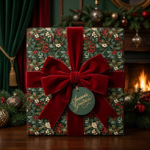 Luxury Christmas wrapping paper with botanical holly print and red velvet bow by Wrapped Studios.