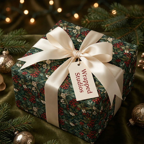 Vintage Christmas wrapping paper with dark green berry pattern and cream satin bow by Wrapped Studios.