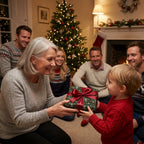 Grandmother giving a boy a present in green floral Christmas gift wrap with red ribbon, Wrapped Studios.