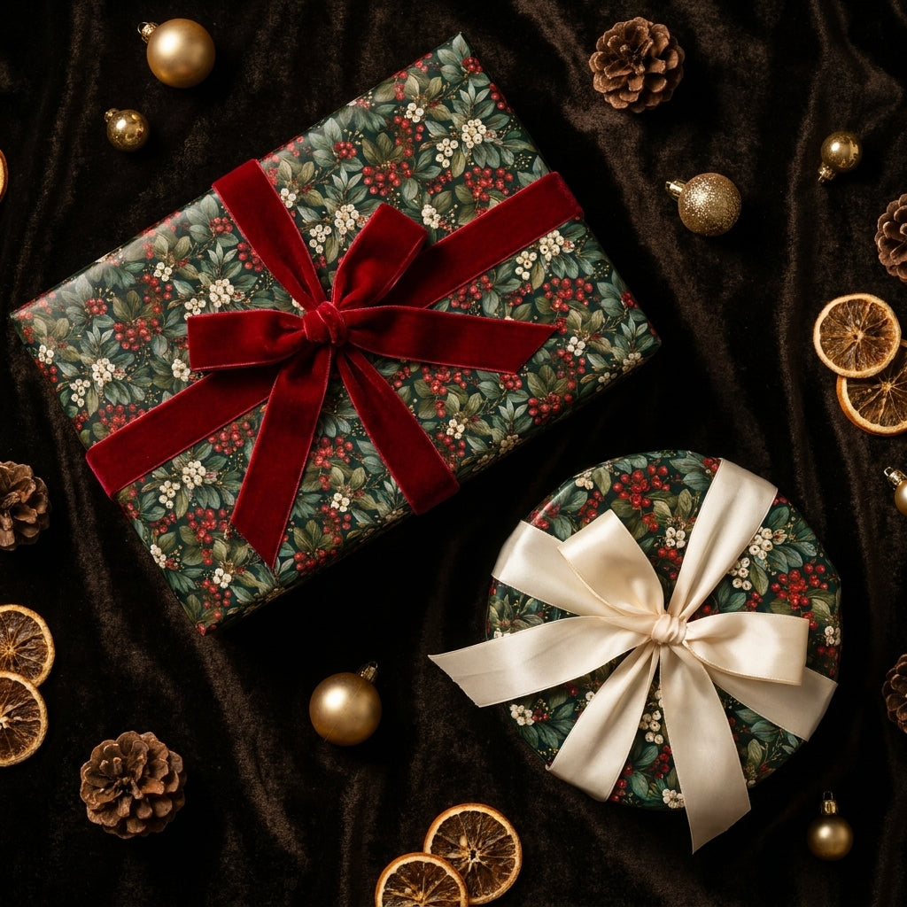 Luxury botanical Christmas wrapping paper with red velvet and cream bows by Wrapped Studios.