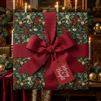 Luxury Christmas wrapping paper with red bow and botanical holly pattern by Wrapped Studios.