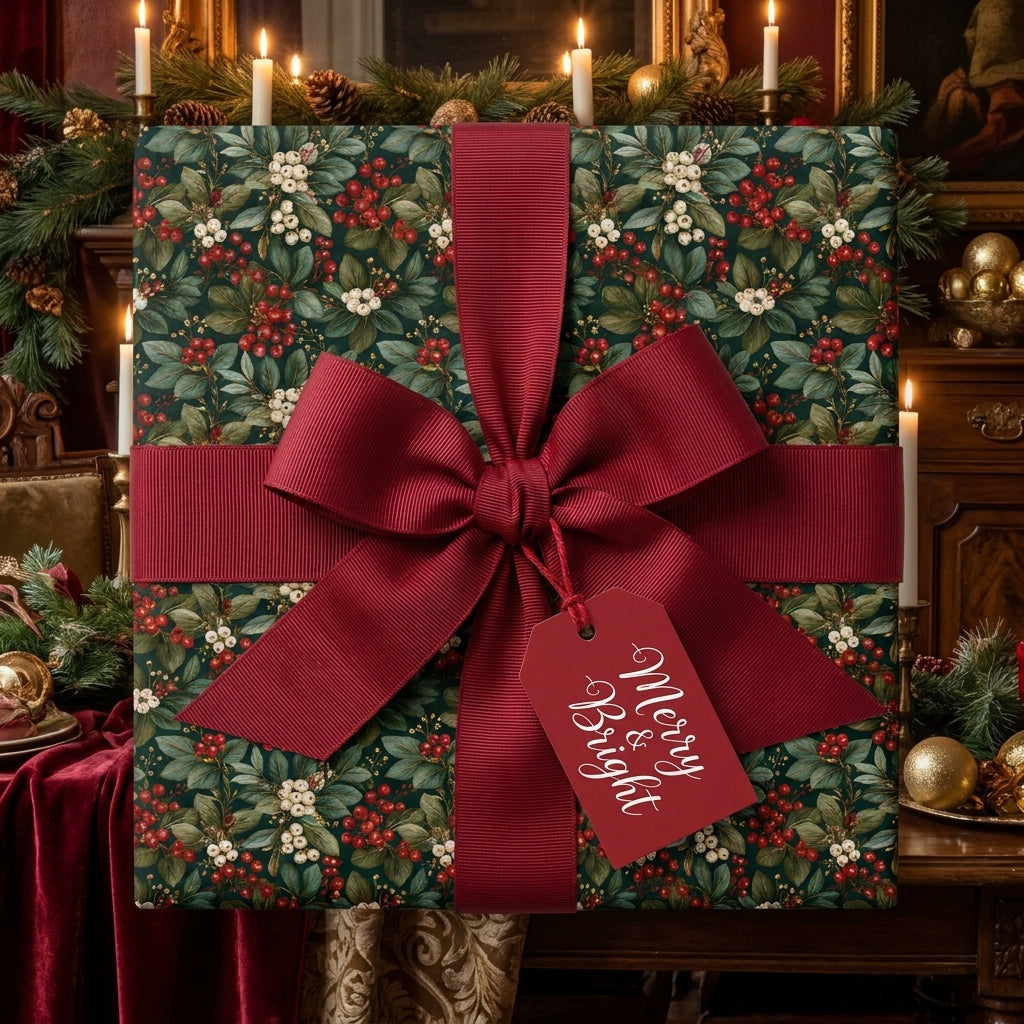 Luxury Christmas wrapping paper with red bow and botanical holly pattern by Wrapped Studios.