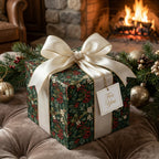 Luxury Christmas gift wrap with vintage holly pattern and cream satin ribbon by Wrapped Studios.