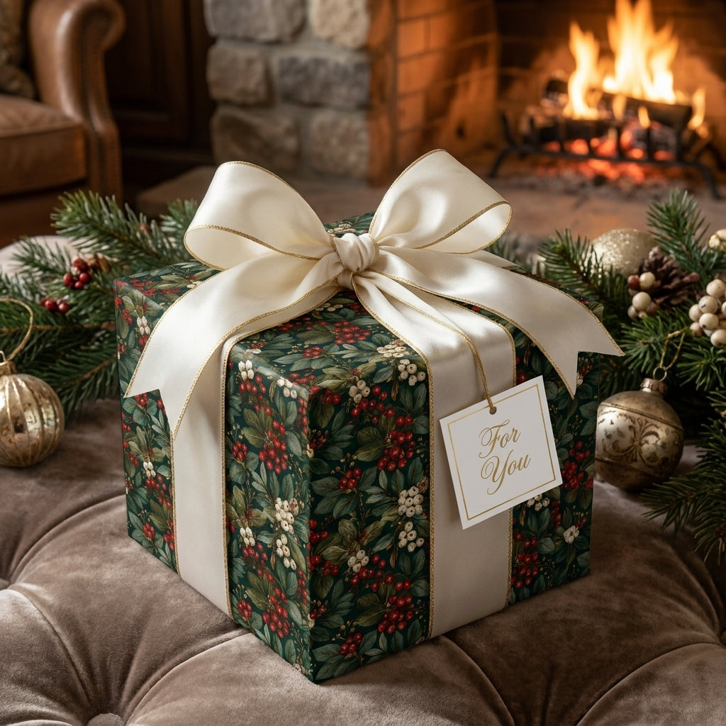 Luxury Christmas gift wrap with vintage holly pattern and cream satin ribbon by Wrapped Studios.