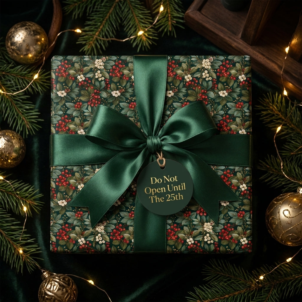 Luxury botanical Christmas wrapping paper with dark green satin bow and gift tag, by Wrapped Studios.